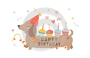 Cute Birthday Dachshund Dog Wearing Party Hat and having cupcakes. Kawaii greeting card cartoon hand drawing flat design graphic