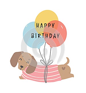 Cute Birthday Dachshund sausage Dog with balloons, celebrating party. Kawaii greeting card cartoon hand drawing flat design