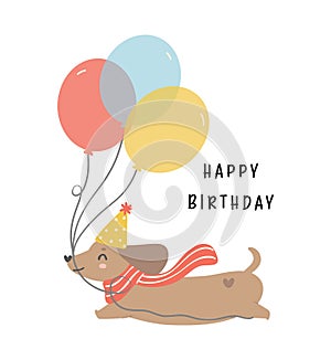 Cute Birthday Dachshund sausage Dog Wearing Party Hat and having balloons, celebrating party. Kawaii greeting card cartoon hand