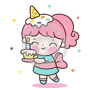 Cute birthday girl vector holding sweet cupcake with ice cream kawaii character go to party Girly doodle