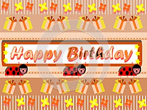 Cute birthday greeting card with ladybugs, colors, cheerful.