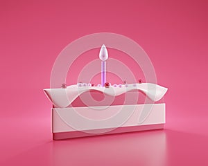 Cute birthday triangle cake 3d rendering pink color with a candle, Sweet cake for a surprise birthday, mother`s, or, Valentine`s