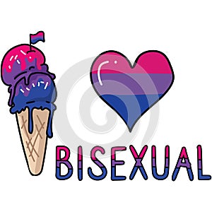 Cute bisexual ice cream cone cartoon  illustration motif set. LGBTQ bi sweet treat elements for pride blog. Typography