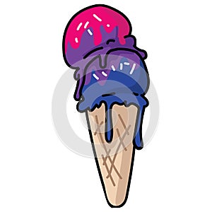 Cute bisexual ice cream cone cartoon  illustration motif set. LGBTQ love sweet treat elements for pride blog. Tasty graphic