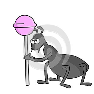 Cute black ant cartoon character illustration design holding a lollipop candy