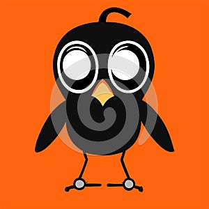 Cute black bird cartoon character on orange background. Vector illustration. AI generated