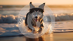 Cute black border Collie dog running at the water in the beach