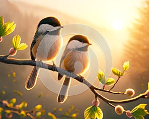 Cute Black-capped Chickadees Springtime Morning Sunrise Tree Branch Small Birds AI Generated