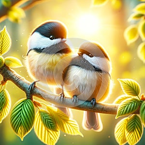 Cute Black-capped Chickadees Springtime Morning Sunrise Tree Branch Small Birds AI Generated