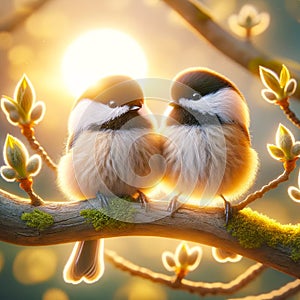 Cute Black-capped Chickadees Springtime Morning Sunrise Tree Branch Small Birds AI Generated