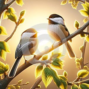 Cute Black-capped Chickadees Springtime Morning Sunrise Tree Branch Small Birds AI Generated