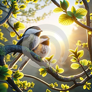Cute Black-capped Chickadees Springtime Morning Sunrise Tree Branch Small Birds AI Generated