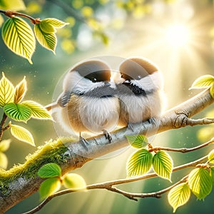 Cute Black-capped Chickadees Springtime Morning Sunrise Tree Branch Small Birds AI Generated