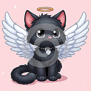 Cute black cat angel with halo and necklace, seated