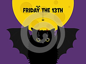 Cute black cat with bat wings on the night background with the Moon and text with spider and bat. Friday the 13t