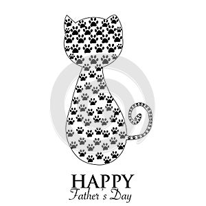 Cute black cat. Cat silhouette with paw print. Happy Father`s Day greeting card