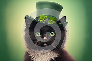 Cute black cat with Green St. Patrick's Day Hat on blurred colored background. Generative AI