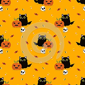 Cute Black Cat and Halloween Pumpkin Seamless Pattern