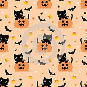 Cute Black Cat and Halloween Pumpkin Seamless Pattern