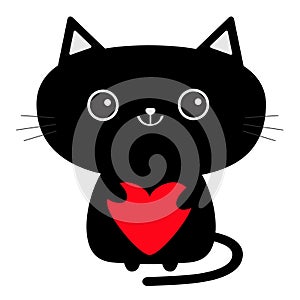 Cute black cat icon holding red heart. Funny cartoon character. Kawaii animal. Tail, whisker, big eyes. Kitty kitten. Baby pet col