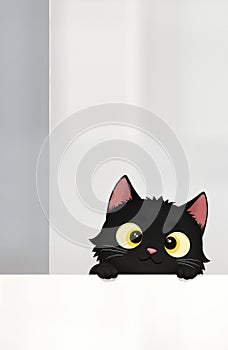 Cute black cat looks curious peeking over white wall. Playful animal portrait. Studio shot. Adorable pet illustration. Minimalist photo