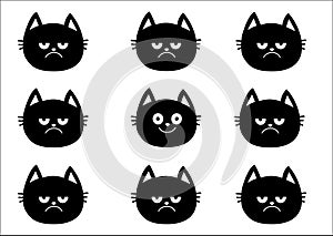 Cute black cat set. Emotion collection. Happy, smiling and sad, angry kitten head face. Optimist pessimist. Funny cartoon characte photo