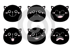 Cute black cat set. Round face head. Funny cartoon kawaii baby characters. Emotion collection. Happy, surprised, crying, sad,