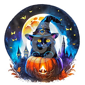 Cute black cat sitting on pumkin haloween theme background