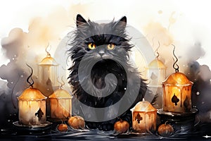 Cute black cat sitting on a table with candles and pumpkins