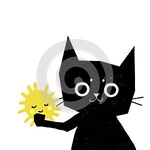 Cute black cat with the sun in hands