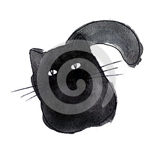 Cute black cat. Watercolor kids illustration with domestic anima