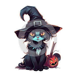 Cute black cat in a witch\'s hat. Halloween illustration. AI Generated