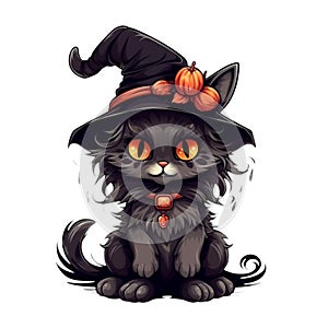 Cute black cat in a witch\'s hat. Halloween illustration. AI Generated