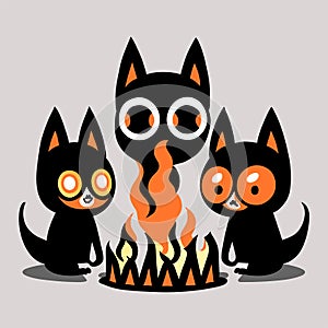 Cute black cats in a fire. Vector illustration in cartoon style. Generative AI