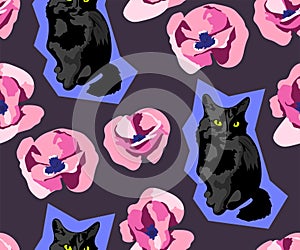 Cute black Cats and flowers seamless pattern. Pet vector illustration. Cartoon cat images. Cute design for kids.Ð¡