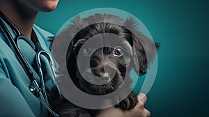 A cute black dog is being held by a veterinarian in an animal hospital. A close-up realistic picture of a pet in healthcare center