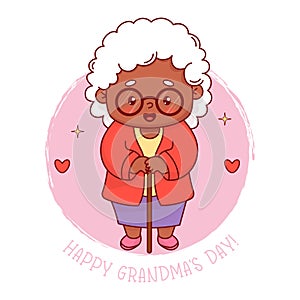Cute black ethnic elderly woman grandmother. Card Happy grandma's day. Vector illustration. Positive holiday cartoon