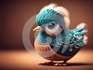 Cute black eyes handcrafted ornate aqua bird fantasy