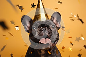 Cute black French Bulldog dog wearing New Year\'s Eve party celebration hat in front of yellow background