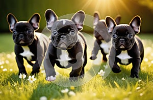 Cute black French Bulldog puppies enjoying playtime running merrily across a green lawn. Puppy day, the joy of pets, dog