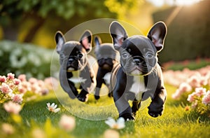 Cute black French Bulldog puppies enjoying playtime running merrily across a green lawn. Puppy day, the joy of pets, dog