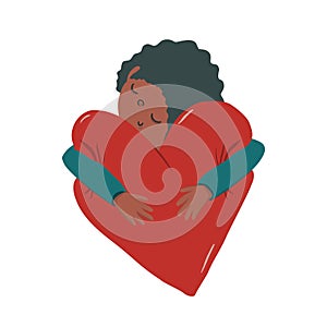 Cute black girl or boy are hugging a soft heart. Vector childish illustration for Happy Valentines day.