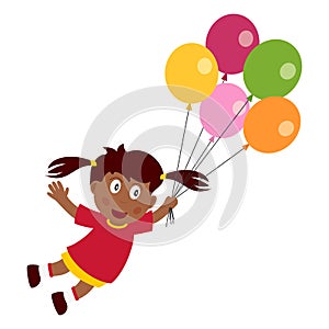 Cute Black Girl Flying with Balloons on White