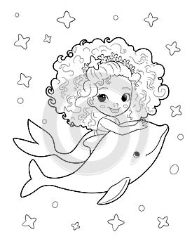 Cute black girl mermaid girl and dolphin. Outline coloring page illustration for coloring book. Vector outline