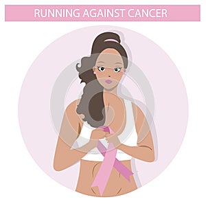 Cute Black girl running against cancer. Flat Illustration of a Woman in vector. Medical campaign icon