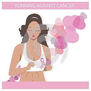 Cute Black girl running against cancer. Flat Illustration of a Woman in vector. Medical campaign icon