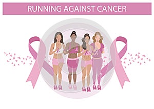 Cute Black girl running against cancer. Flat Illustration of a Woman in vector. Medical campaign icon