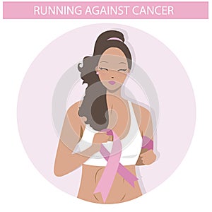 Cute Black girl running against cancer. Flat Illustration of a Woman in vector. Medical campaign icon