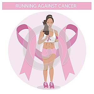 Cute Black girl running against cancer. Flat Illustration of a Woman in vector. Medical campaign icon