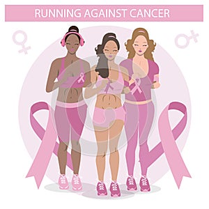 Cute Black girl running against cancer. Flat Illustration of a Woman in vector. Medical campaign icon